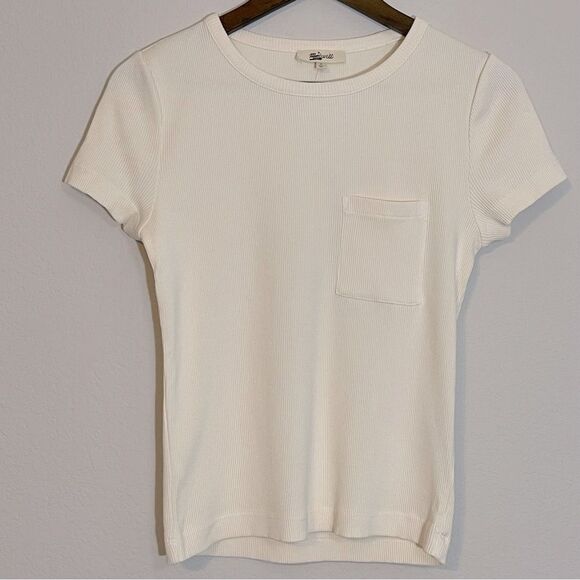 Madewell NWT Slim Fit Garment-Dyed Ribbed Crewneck Pocket Tee Size Medium Ivory - Picture 7 of 13